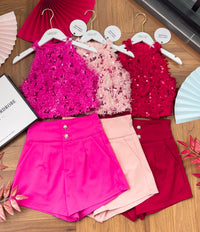 【SS3400】【独家小圆饼】两件式削肩套装 ,  鸵鸟毛拼接亮片Cut In上衣 ➕ 西装锦棉高腰显瘦短裤 , 有口袋【A-R2-C5】