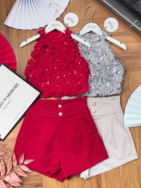 【SS3400】【独家小圆饼】两件式削肩套装 ,  鸵鸟毛拼接亮片Cut In上衣 ➕ 西装锦棉高腰显瘦短裤 , 有口袋【A-R2-C5】