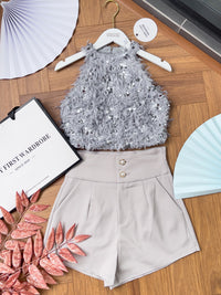 【SS3400】【独家小圆饼】两件式削肩套装 ,  鸵鸟毛拼接亮片Cut In上衣 ➕ 西装锦棉高腰显瘦短裤 , 有口袋【A-R2-C5】