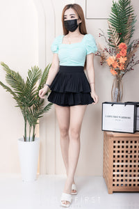 【T3408】独家爆款方领宫廷袖皱褶修身设计纯棉弹力百搭上衣 ❤❤ 【A-R1-C5】