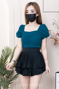 【T3408】独家爆款方领宫廷袖皱褶修身设计纯棉弹力百搭上衣 ❤❤ 【A-R1-C5】