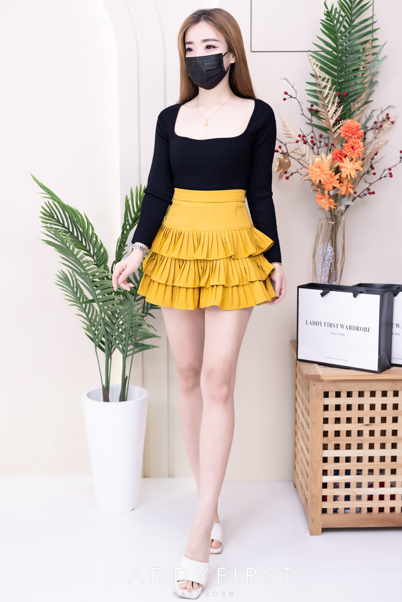 【S3416】【独家小圆饼】三层荷叶边百褶高腰西装蛋糕裙子，内层防走光里布短裤 ❤️❤️ 【A-R2-C4】