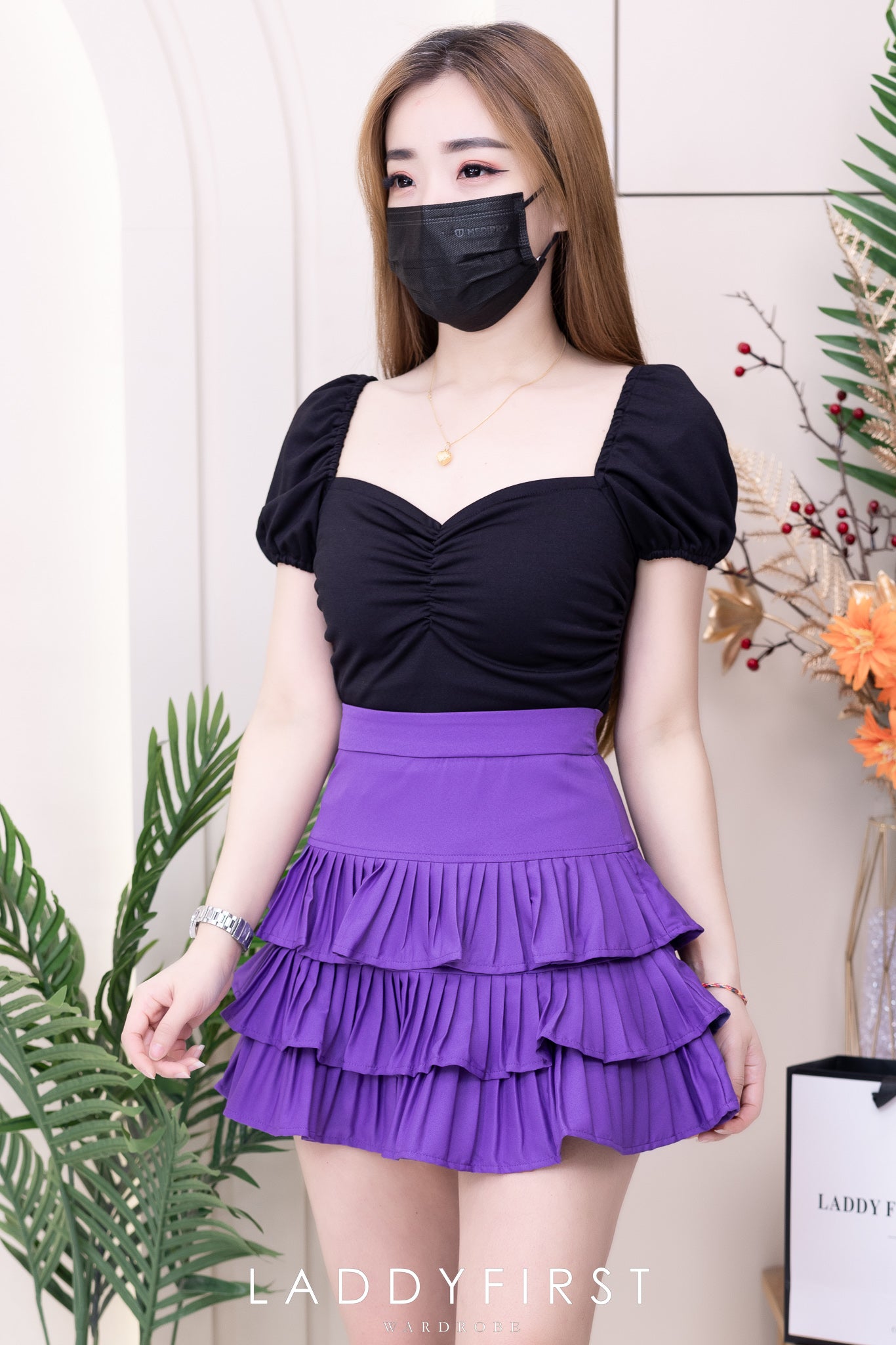 【S3416】【独家小圆饼】三层荷叶边百褶高腰西装蛋糕裙子，内层防走光里布短裤 ❤️❤️ 【A-R2-C4】