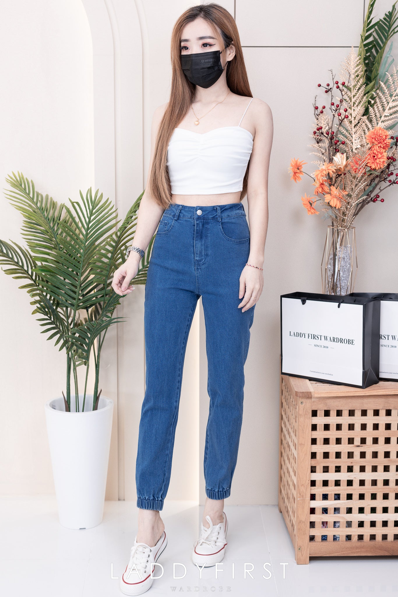 【L98655】独家爆款高品质COTTON JEANS牛仔弹力收口束脚高腰休闲百搭长裤，有口袋 ❤️❤️ #牛仔弹力面料【A-R3-C1】