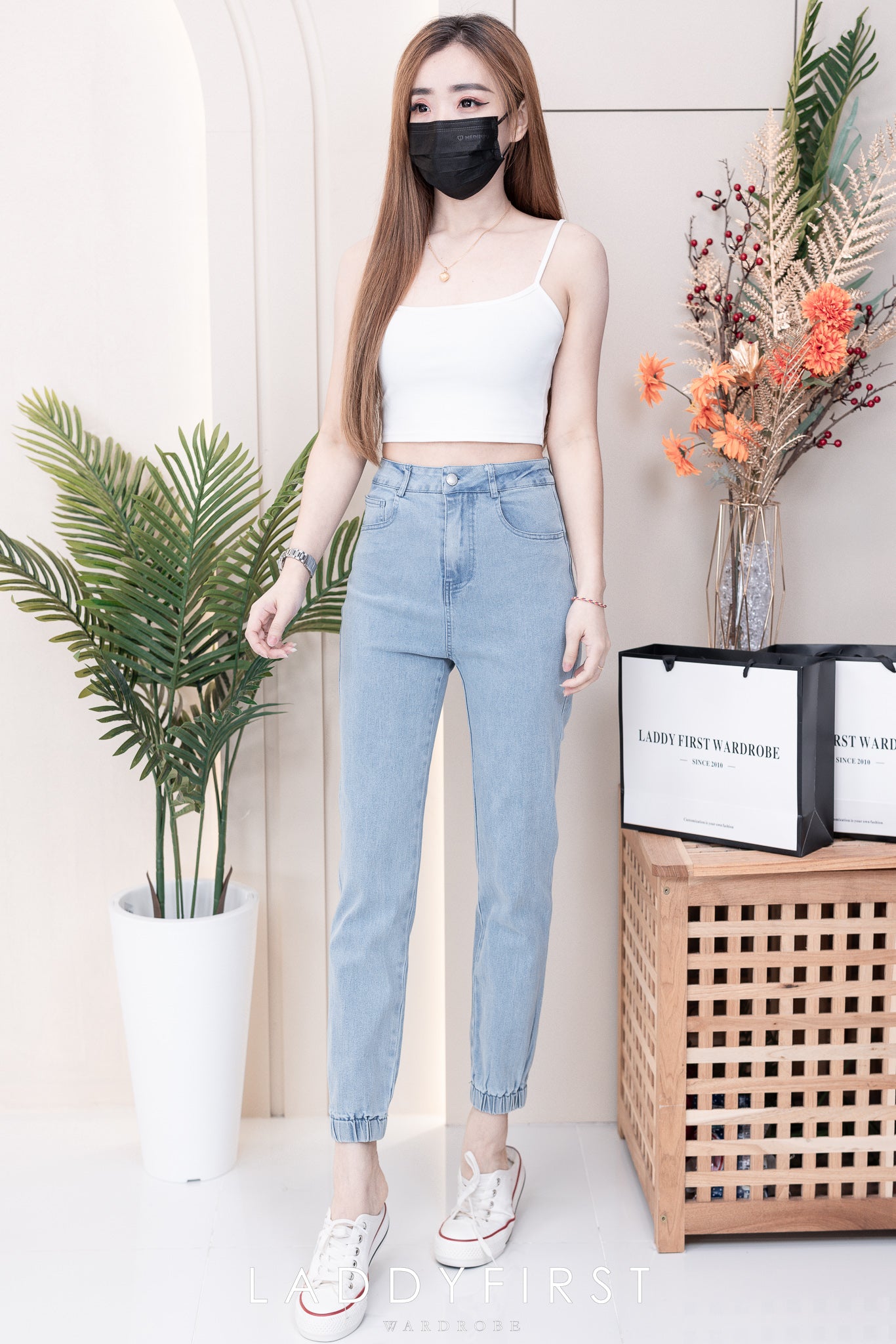 【L98655】独家爆款高品质COTTON JEANS牛仔弹力收口束脚高腰休闲百搭长裤，有口袋 ❤️❤️ #牛仔弹力面料【A-R3-C1】