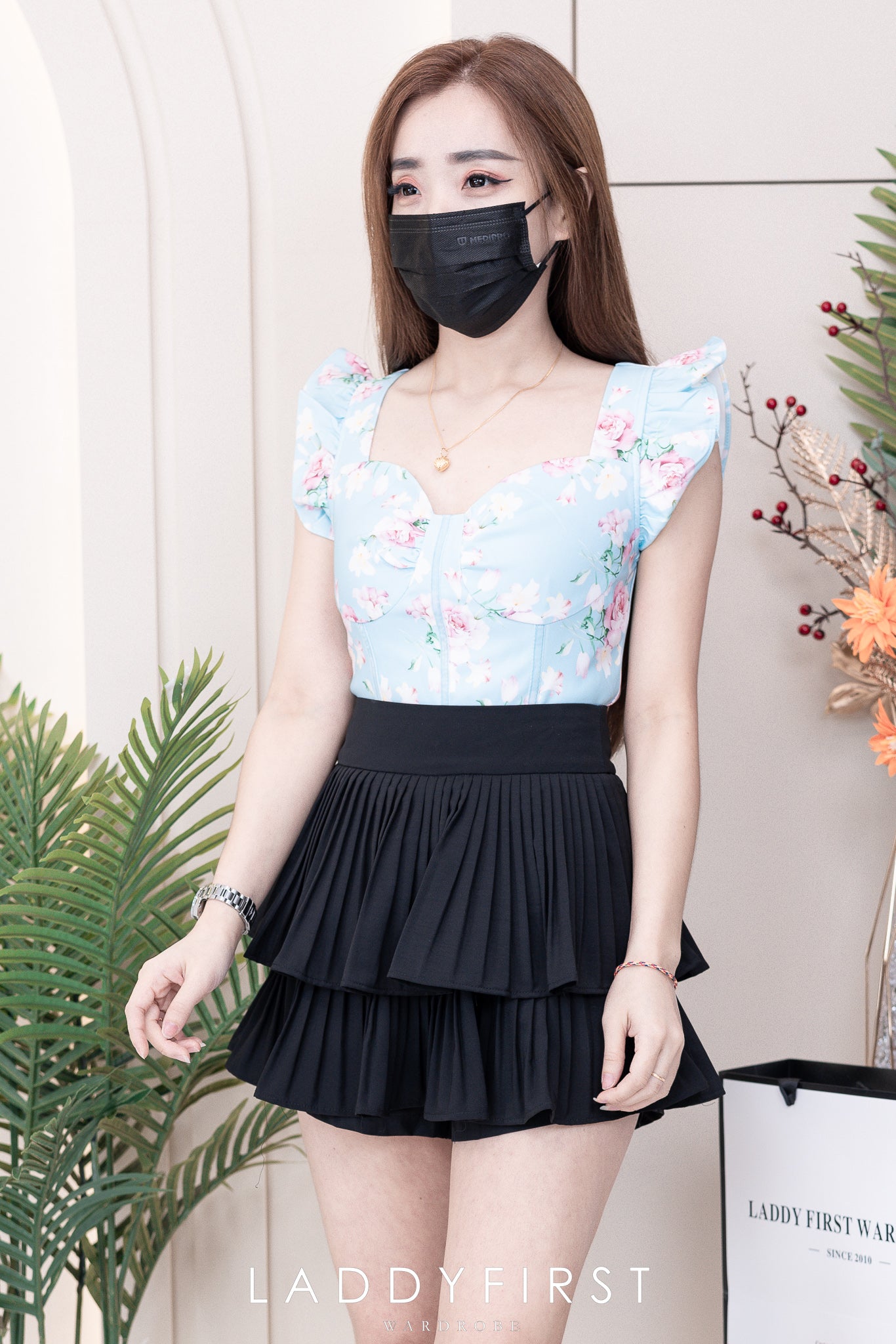 【T8229701】无袖荷叶边收腰设计印花时装上衣，内层有里布 ❤️❤️ 【C-R1-C2】
