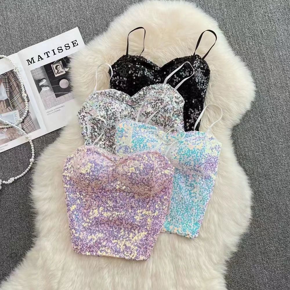 【T071】气质自调无袖肩带闪闪亮片时装上衣，后副伸缩弹力 ❤❤