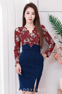 【D210180】【网站福利款✨】独家新品缎面碎花长袖上衣拼接牛仔开叉连身裙子，有口袋【C-R2-C1】