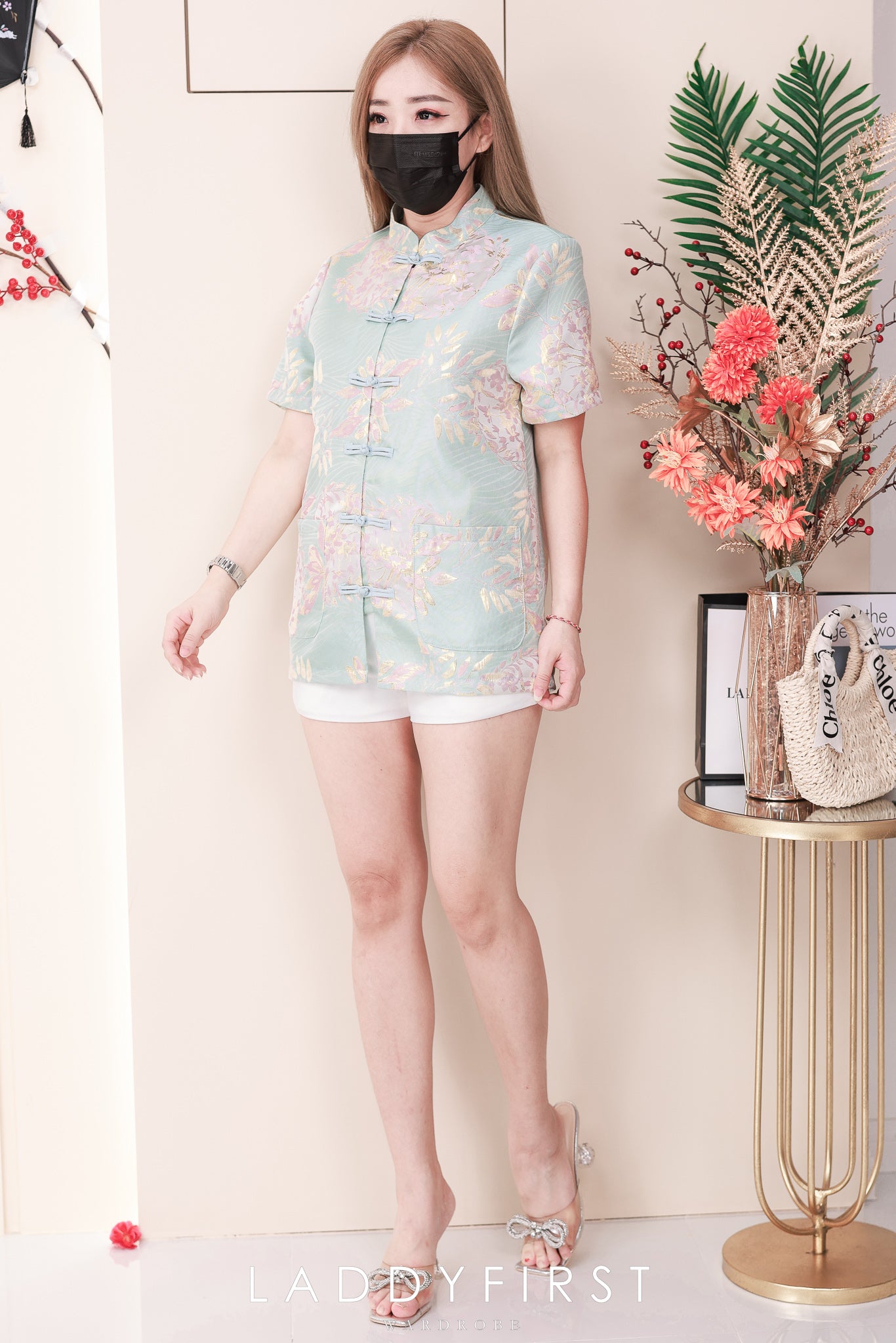 【SS3386-2】【LFW独家小圆饼】高品质两件式提花旗袍套装 泡泡袖提花拼接网纱旗袍上衣➕荷叶摆提花高腰裙子，内层有里布短裤 ❤️❤️
