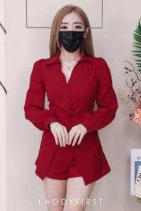 【SS8235001】【LFW独家小圆饼】高品质两件式韩式气质长袖西装套装 腰围扭褶设计翻领长袖上衣➕西装高腰百搭短裤❤️❤️ 【D-R1-C5】