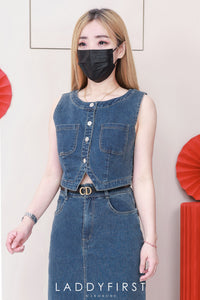 【SS3440】【LFW独家小圆饼】高品质两件式韩版气质时尚套装 无袖马甲牛仔上衣/外套两穿➕中长款牛仔高腰裙子，侧边开叉设计，有口袋 ❤️❤️【A- R1-C6】