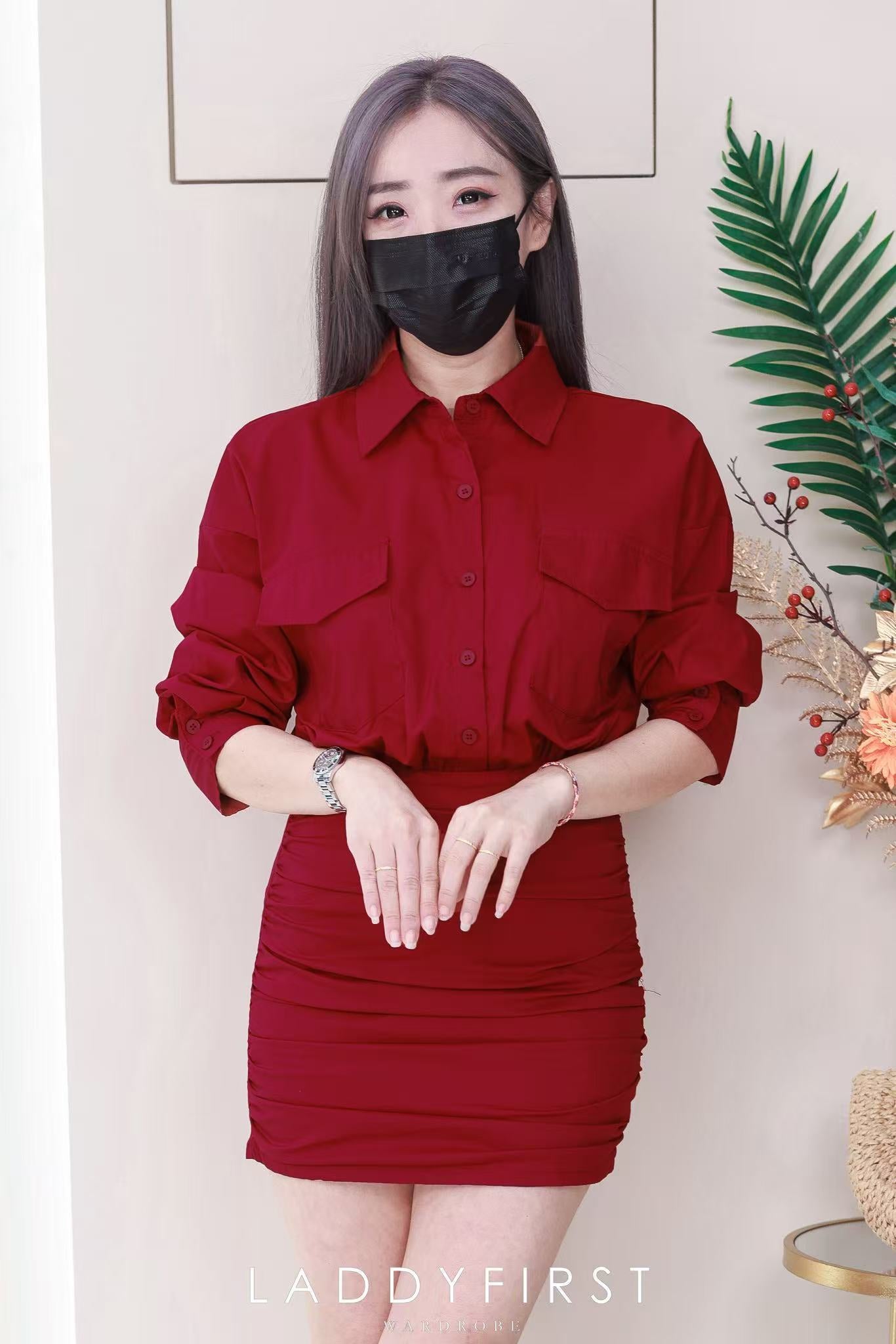 【D3488】【LFW独家小圆饼】高品质法式翻领长袖收腰显示包臀衬衫连身裙子 ❤️❤️