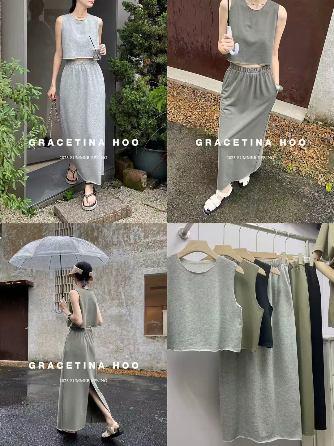 【SS8061】高品质韩版气质简约休闲百搭套装 圆领无线宽松百搭上衣➕松紧腰弹力韩版高腰长裙，侧边开叉设计 ❤️❤️