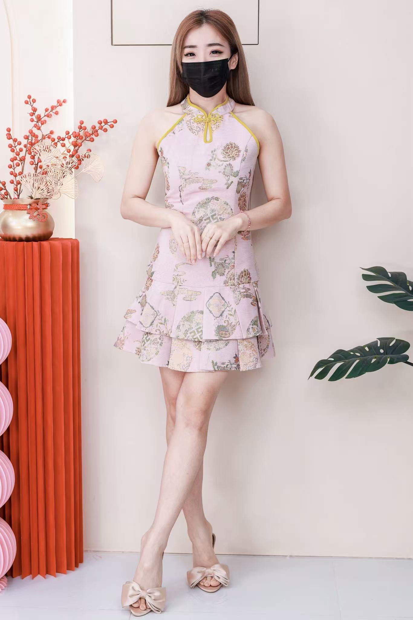 【D2606】高品质复古国风雪尼尔双层百褶CUT IN提花旗袍连身裙子 ❤❤