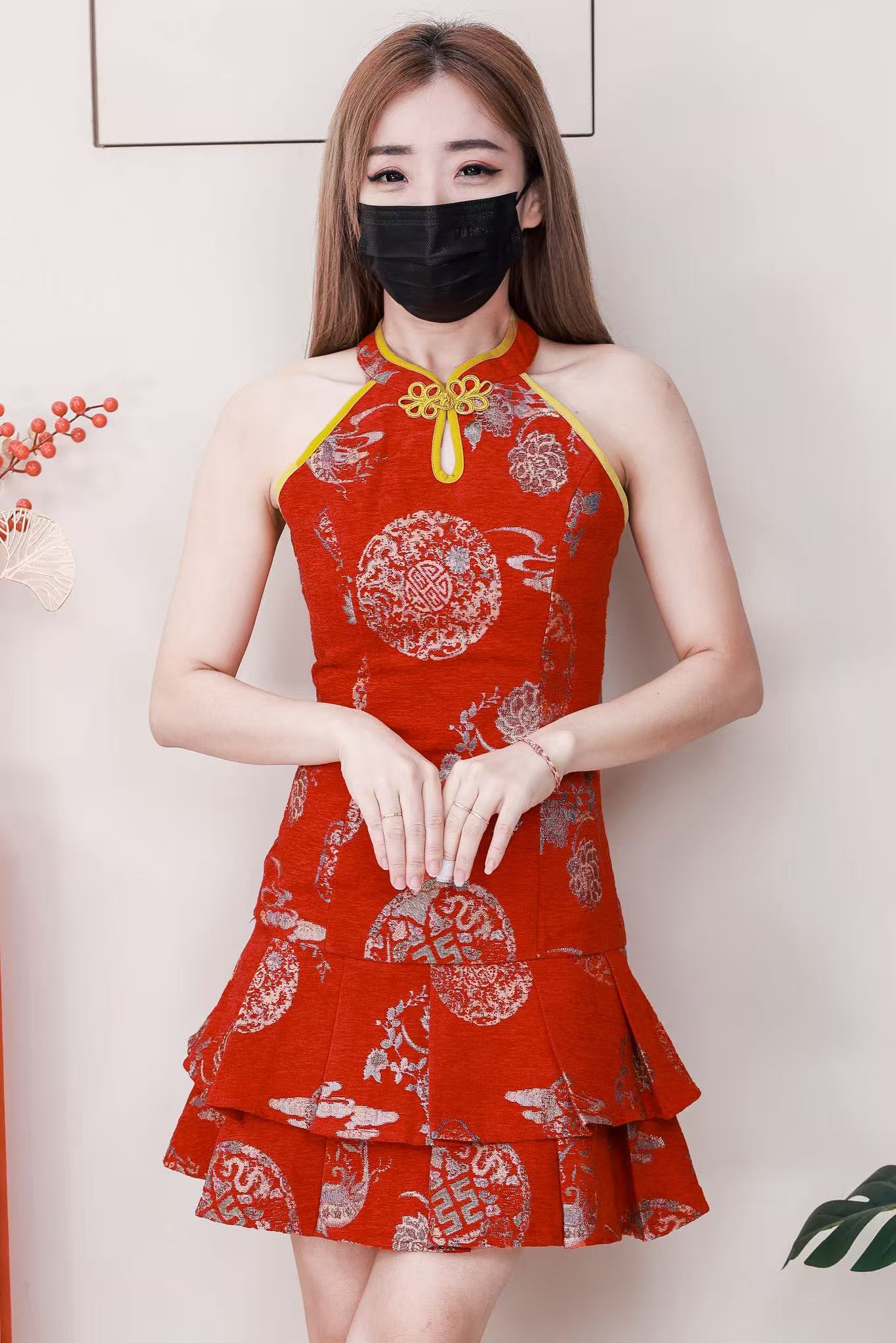 【D2606】高品质复古国风雪尼尔双层百褶CUT IN提花旗袍连身裙子 ❤❤