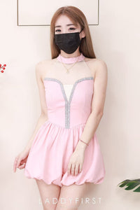 【D8237741】高品质精美烫钻设计拼接缎面无袖蓬蓬花苞连身短裤 ❤❤【A-R1-C2】