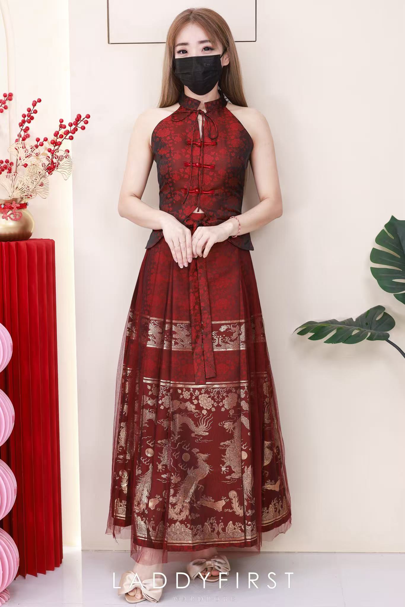 【SS2707】高品质两件式高贵贵气金线龙凤展翔马面裙旗袍套装 缎面无袖旗袍上衣➕高腰百褶马面长裙 ❤️❤️