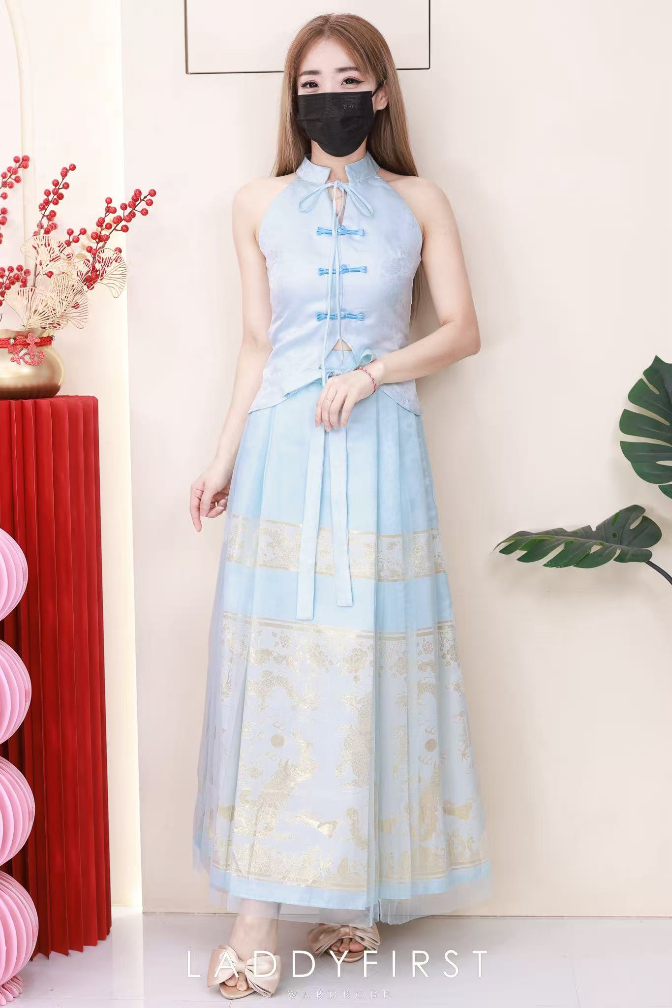 【SS2707】高品质两件式高贵贵气金线龙凤展翔马面裙旗袍套装 缎面无袖旗袍上衣➕高腰百褶马面长裙 ❤️❤️