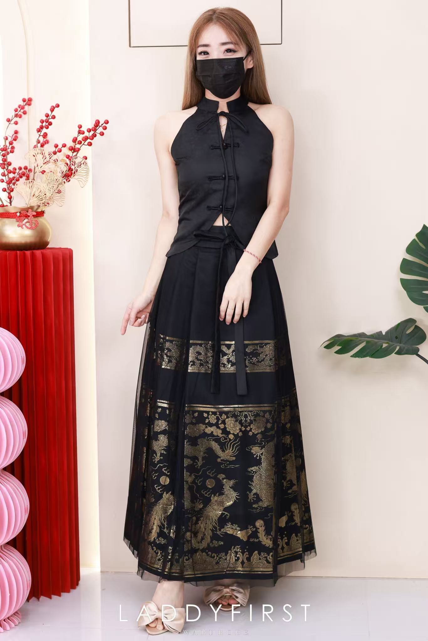 【SS2707】高品质两件式高贵贵气金线龙凤展翔马面裙旗袍套装 缎面无袖旗袍上衣➕高腰百褶马面长裙 ❤️❤️