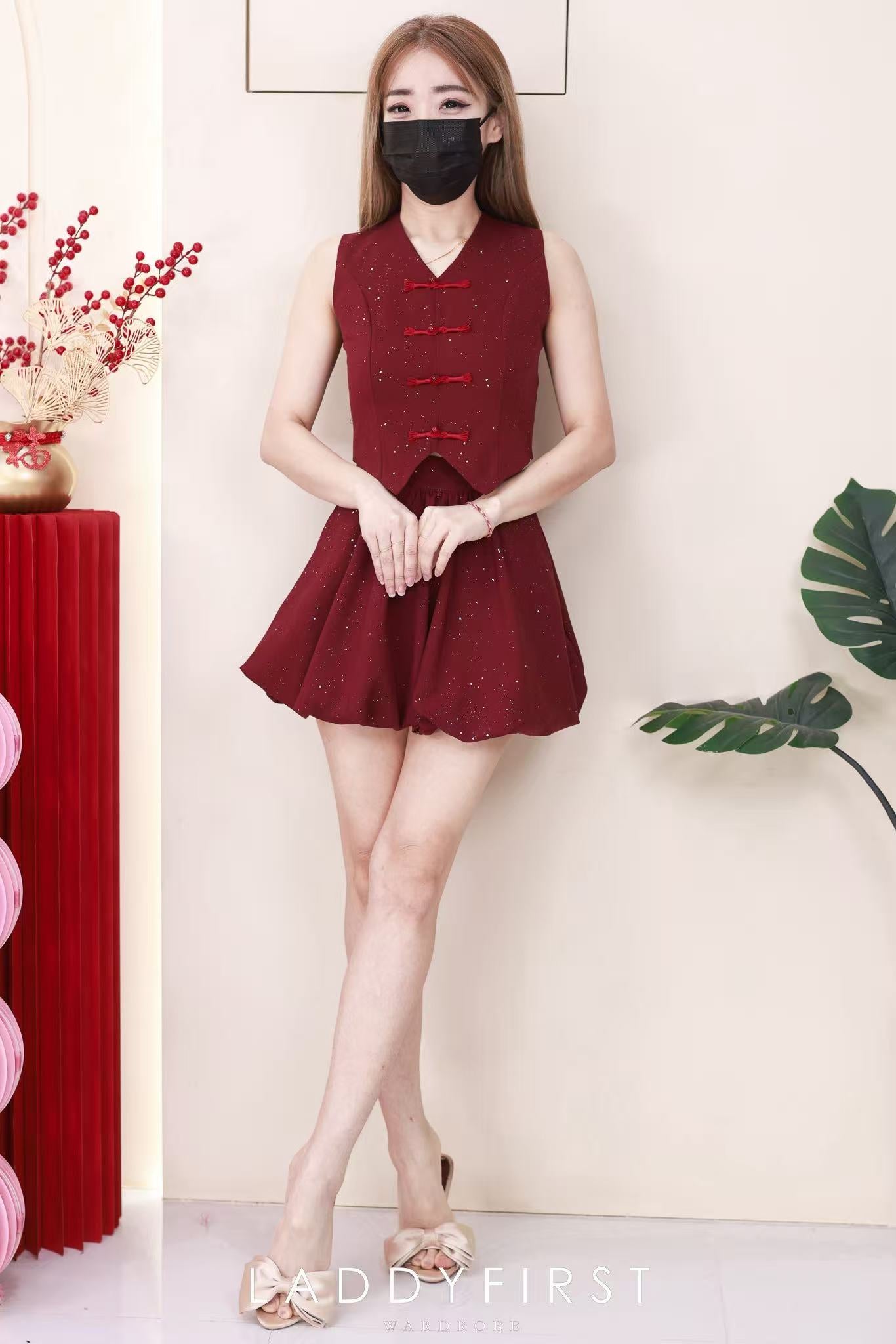 【SS6987】高品质两件式星空细闪新中式花苞旗袍套装 马甲式旗袍上衣➕高腰花苞裙子，内层有里布短裤 ❤️❤️【B-R1-C2】