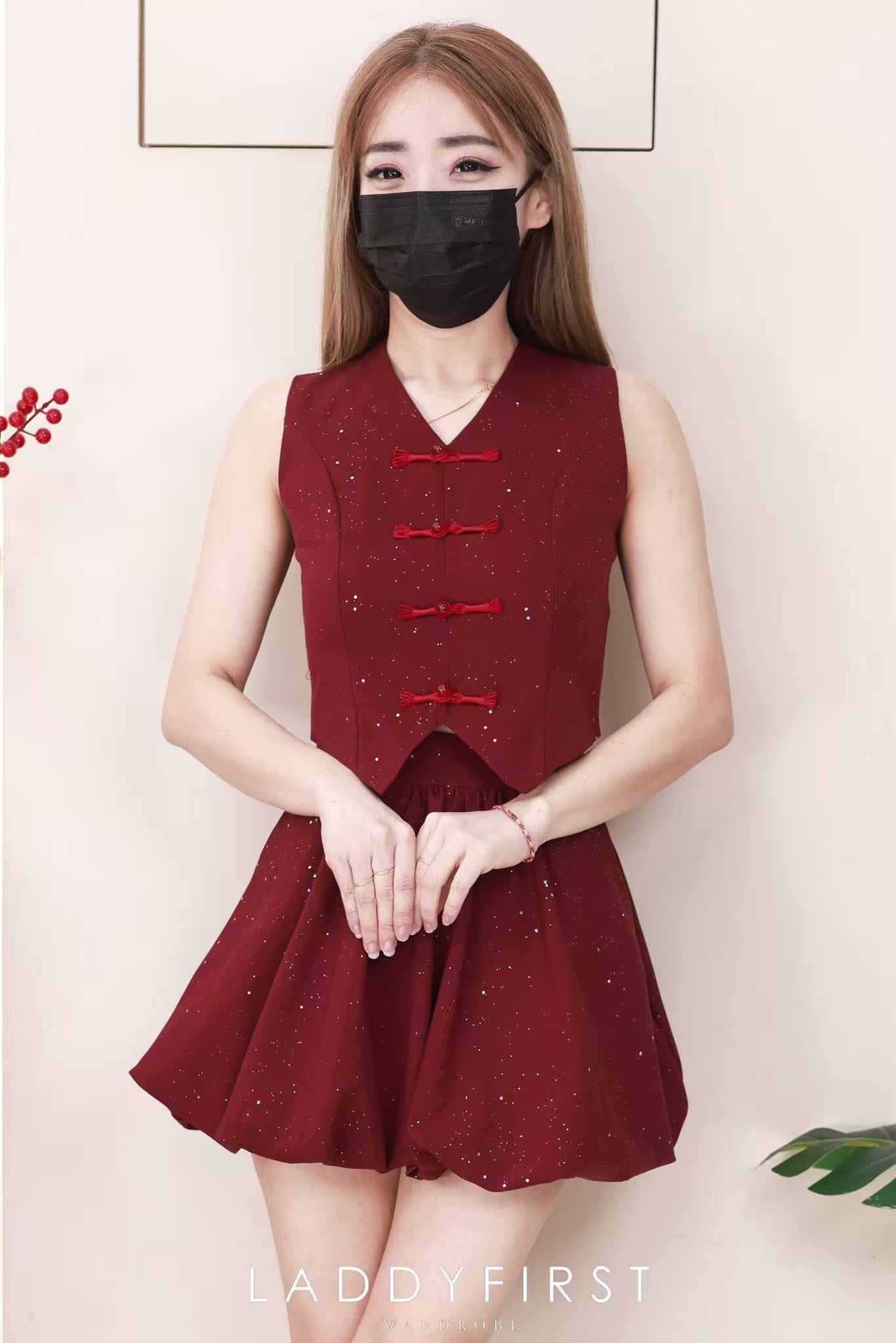 【SS6987】高品质两件式星空细闪新中式花苞旗袍套装 马甲式旗袍上衣➕高腰花苞裙子，内层有里布短裤 ❤️❤️【B-R1-C2】