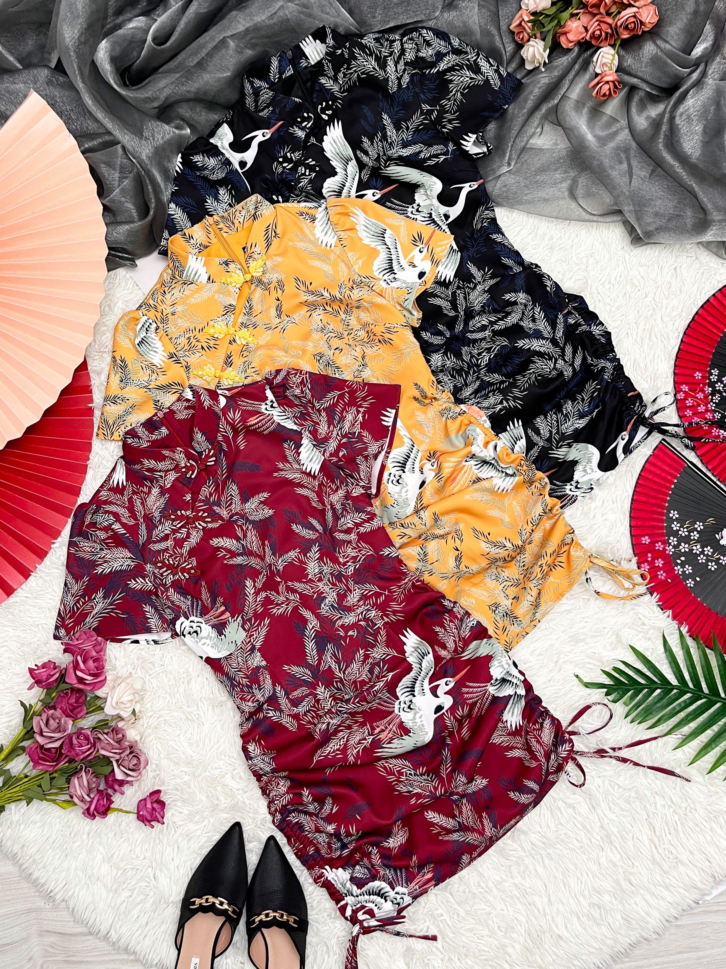 【D6336】复古印花旗袍抽绳连身裙子，内有里布 ❤️❤️