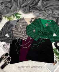 【SS4422152】两件式时尚套装 千鸟格长袖上衣➕皱褶高腰裤裙 【A-R2-C2】