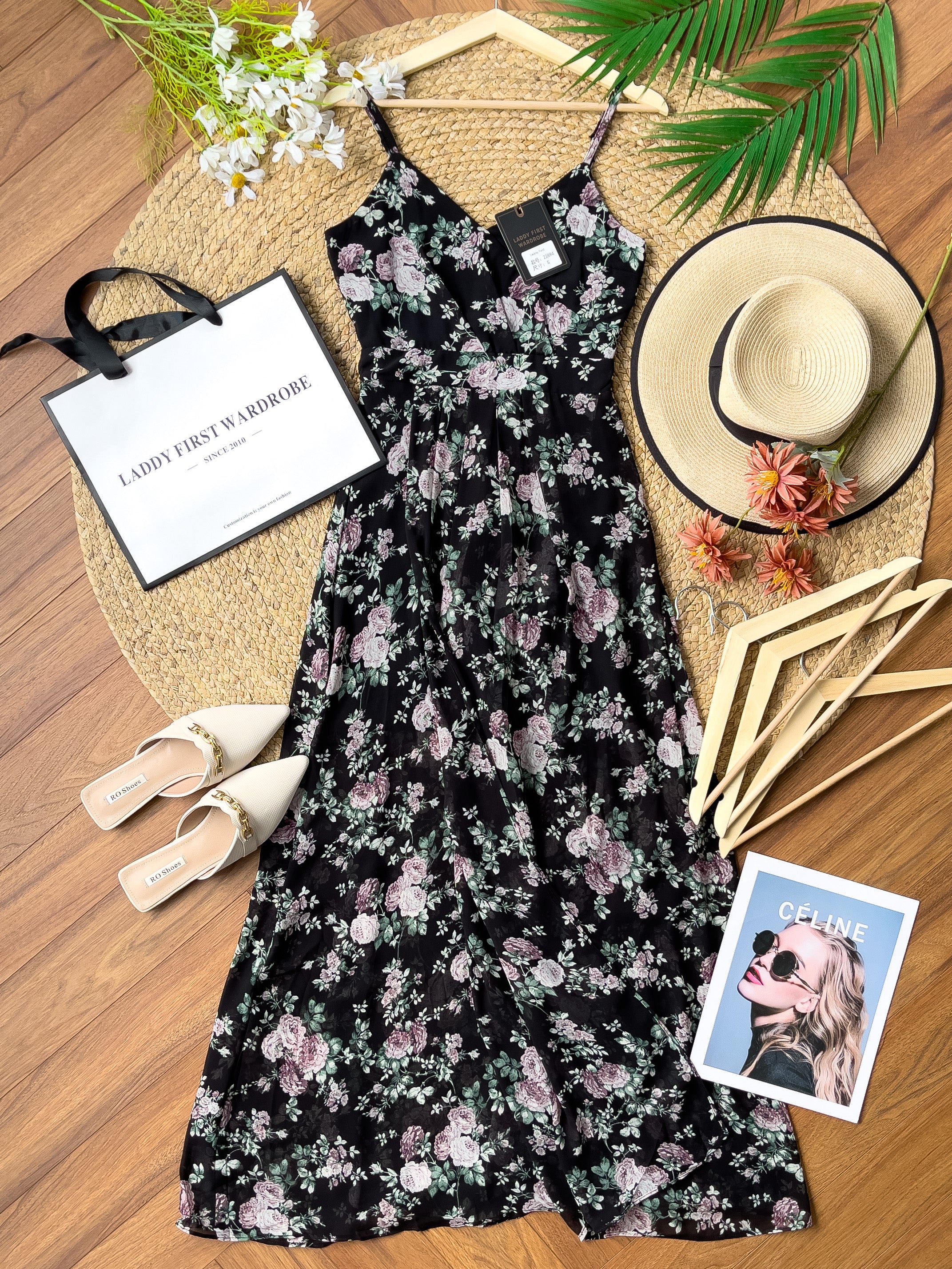 【D22894】独家爆款性感V领吊带碎花雪纺连身长裙，肩带可调节【A-R2-C6】