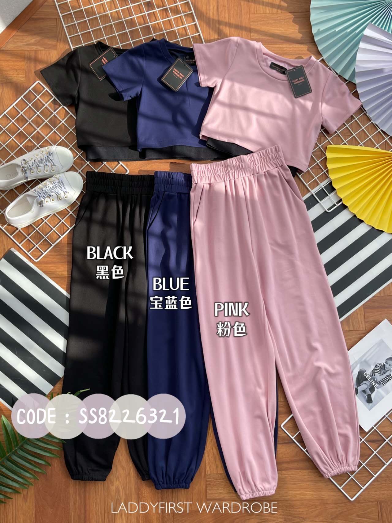 【SS8226321】两件式罗马休闲简约百搭套装 假两件短袖上衣➕松紧腰休闲长裤，有口袋