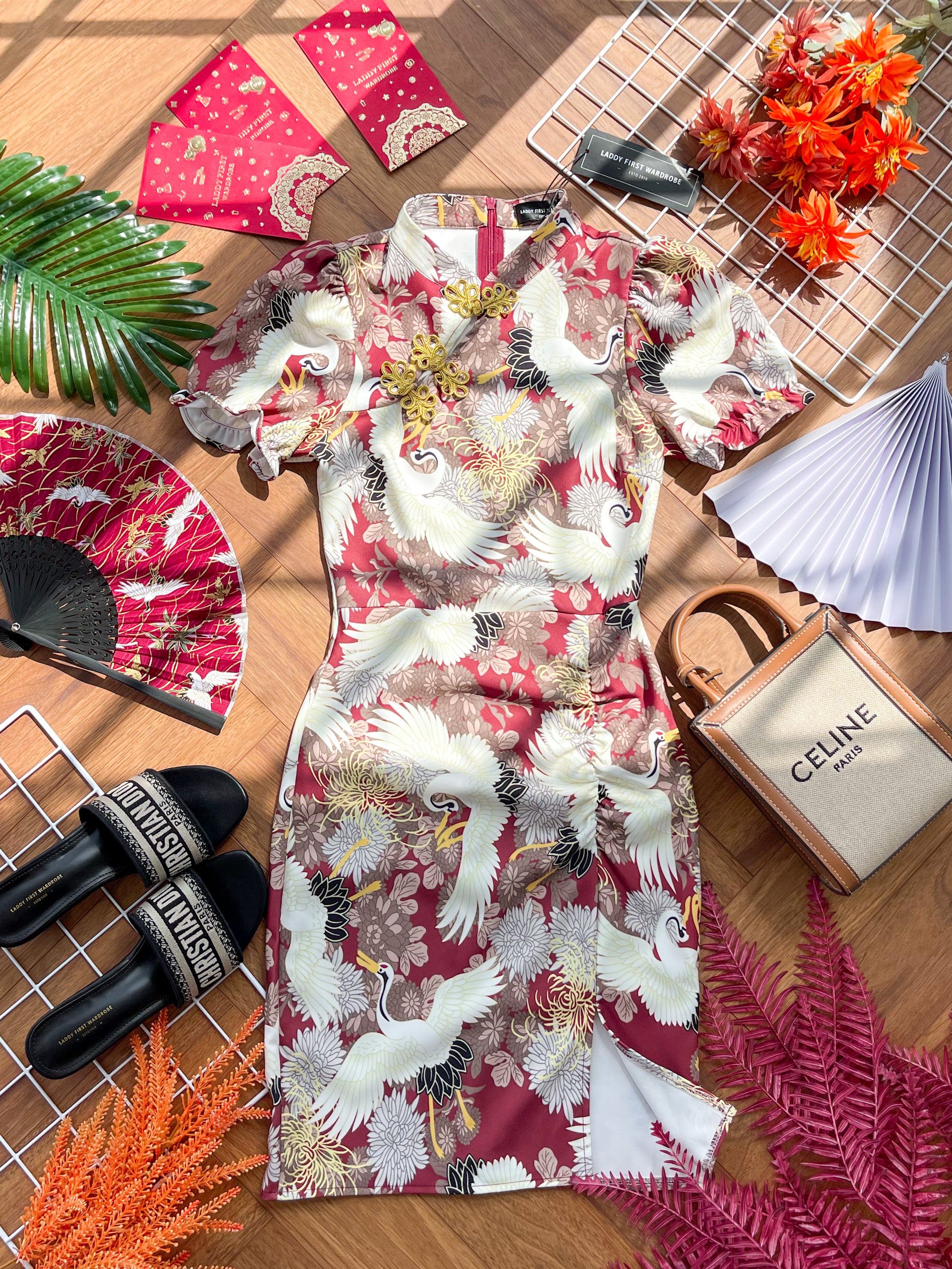 【D3313】独家爆款国潮仙鹤高端唐装旗袍连身裙子【B-R3-C2】