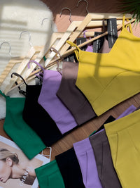 【SS14152】独家爆款两件式罗马弹力时装上衣 无袖肩带上衣，肩带可自行调节➕高腰短裤，有口袋【A-R1-C3】