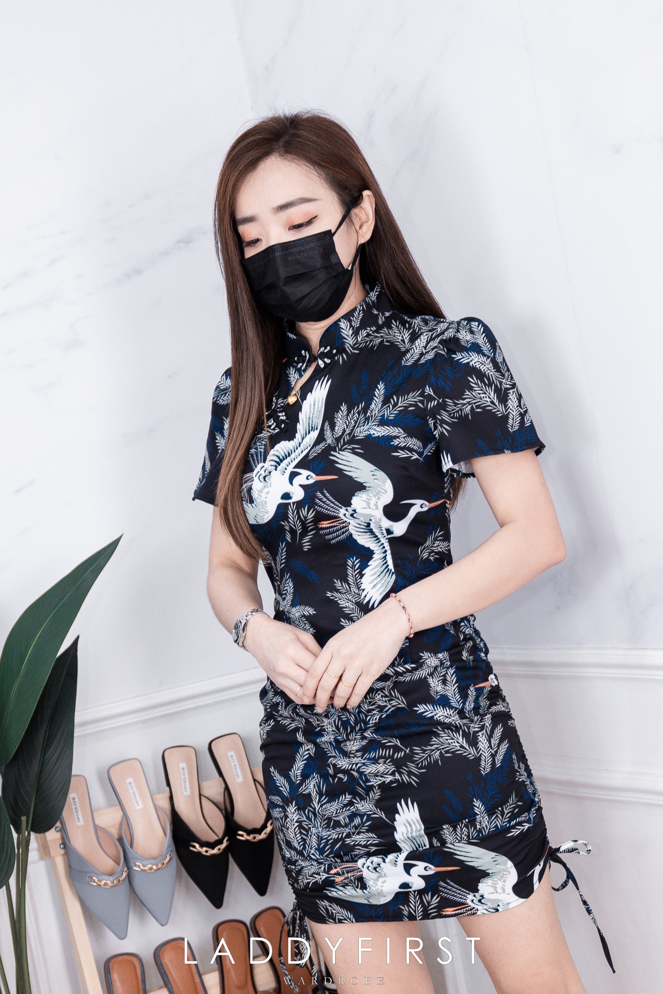 【D6336】复古印花旗袍抽绳连身裙子，内有里布 ❤️❤️