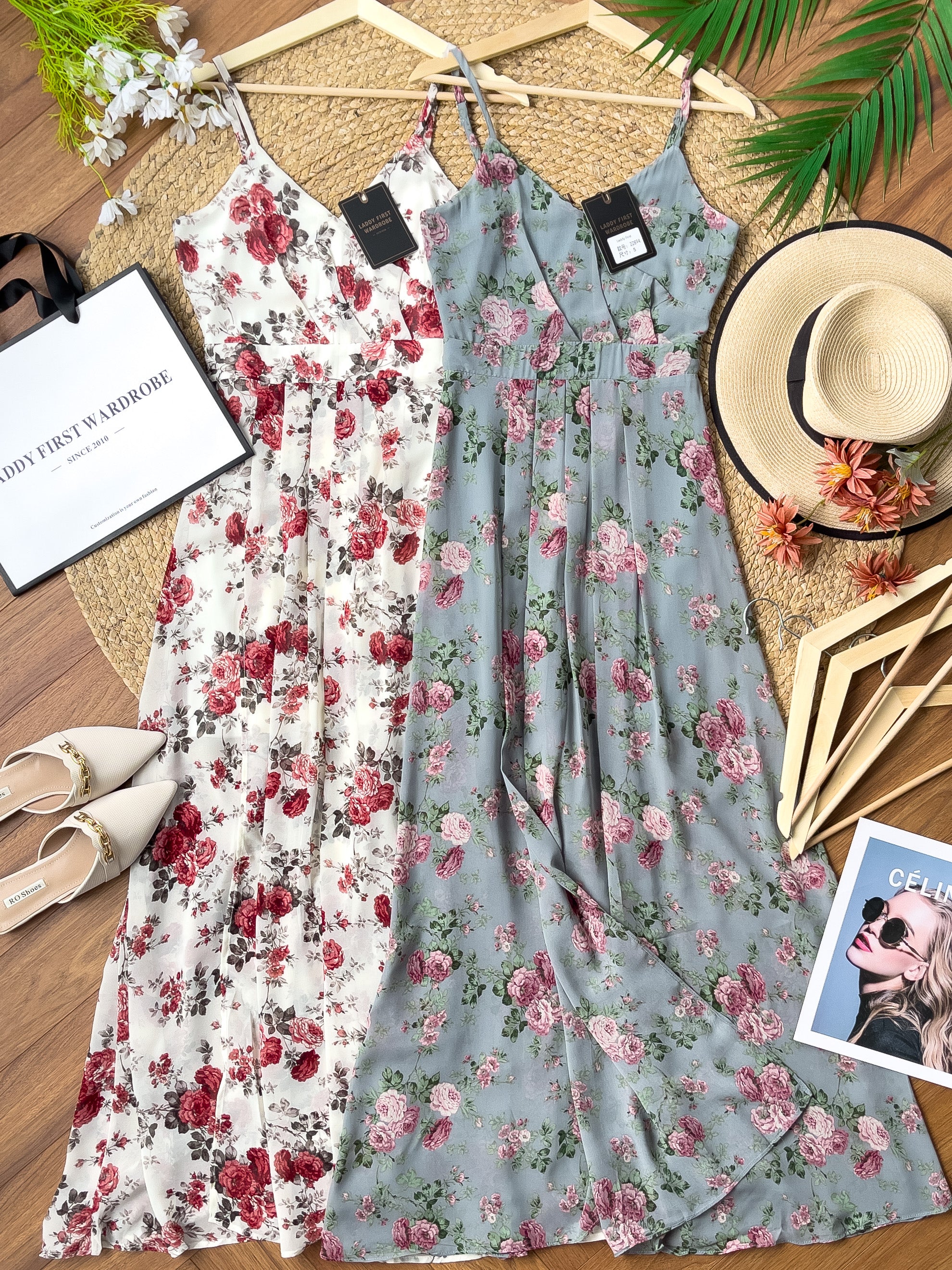 【D22894】独家爆款性感V领吊带碎花雪纺连身长裙，肩带可调节【A-R2-C6】