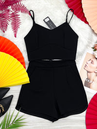 【SS14152】独家爆款两件式罗马弹力时装上衣 无袖肩带上衣，肩带可自行调节➕高腰短裤，有口袋【A-R1-C3】