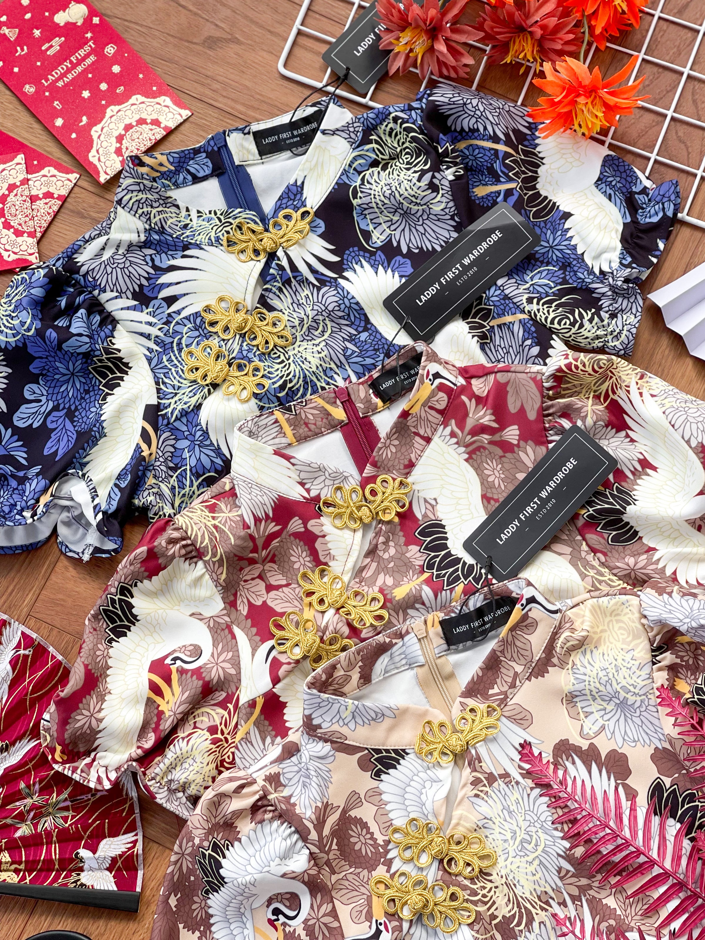 【D3313】独家爆款国潮仙鹤高端唐装旗袍连身裙子【B-R3-C2】