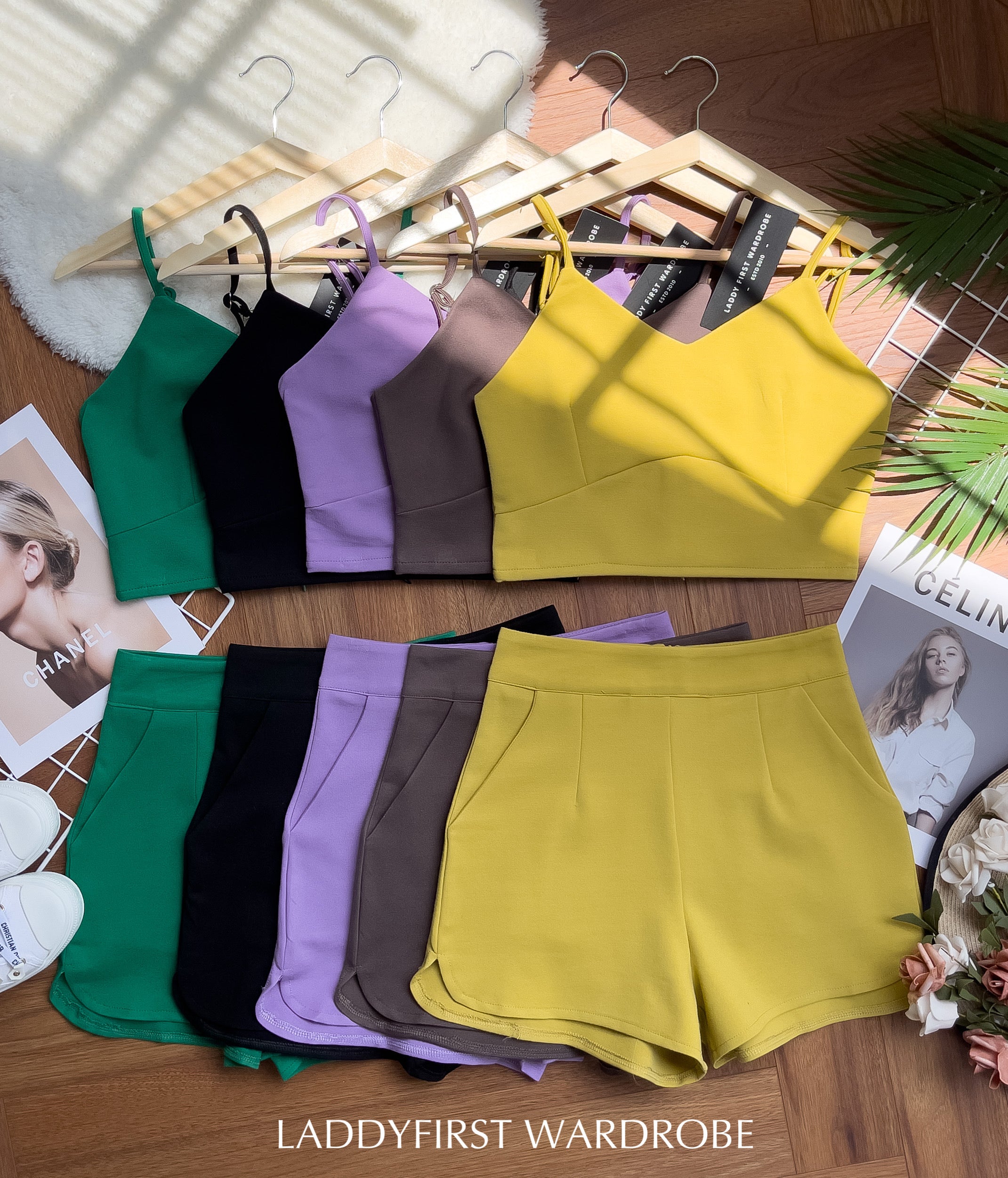 【SS14152】独家爆款两件式罗马弹力时装上衣 无袖肩带上衣，肩带可自行调节➕高腰短裤，有口袋【A-R1-C3】