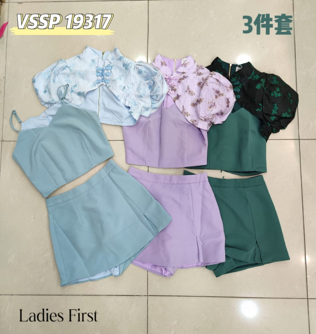 【SS19317】【LFW独家小圆饼】高品质三件套旗袍套装  , 自调肩带内搭➕泡泡袖外塔旗袍 ➕ 西装高腰百搭裤裙 ❤️