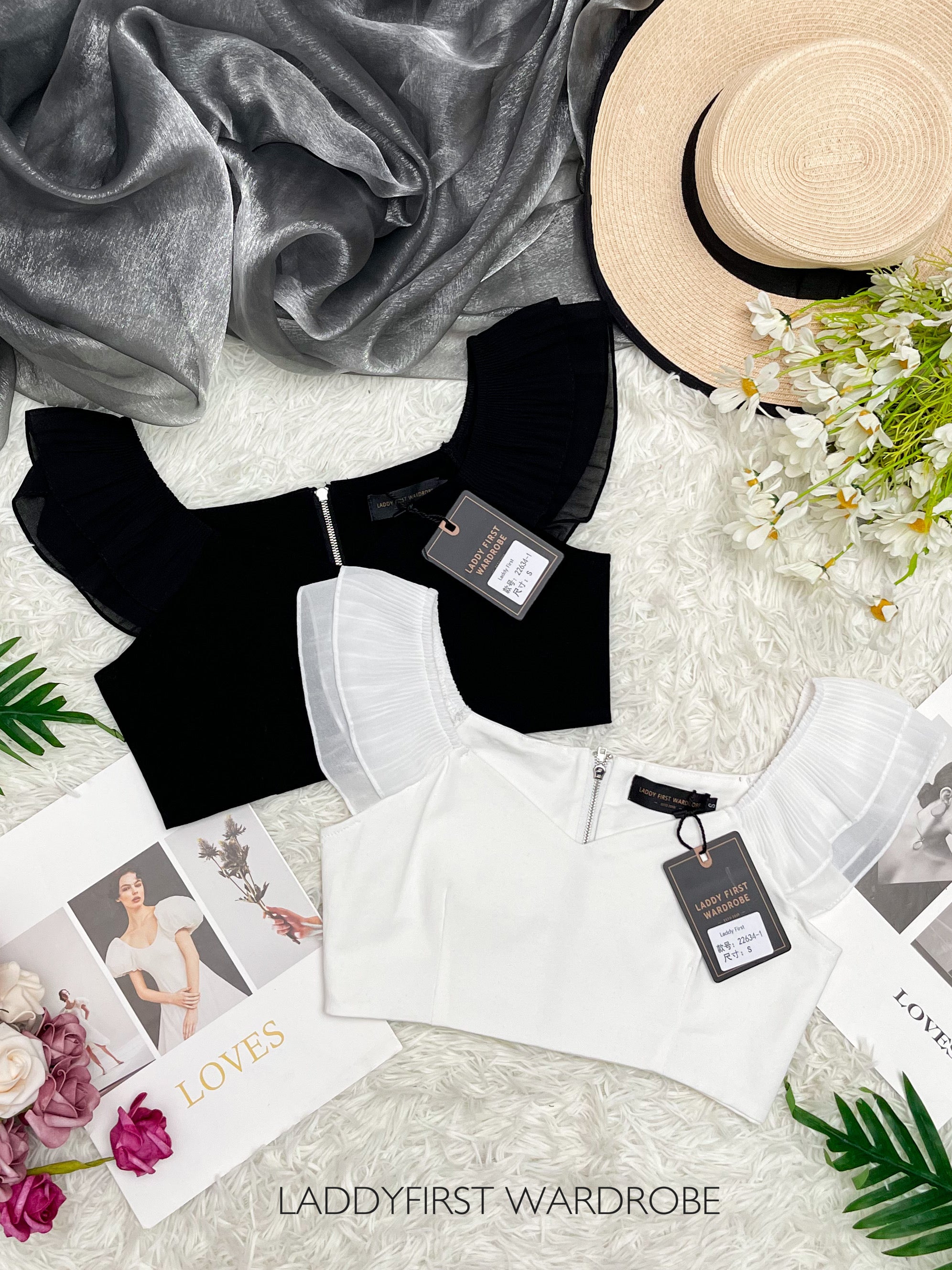 【T226341】独家爆款「短版」无袖叠层荷叶边时装上衣，后中拉链 ❤❤ 【A-R1-C4】