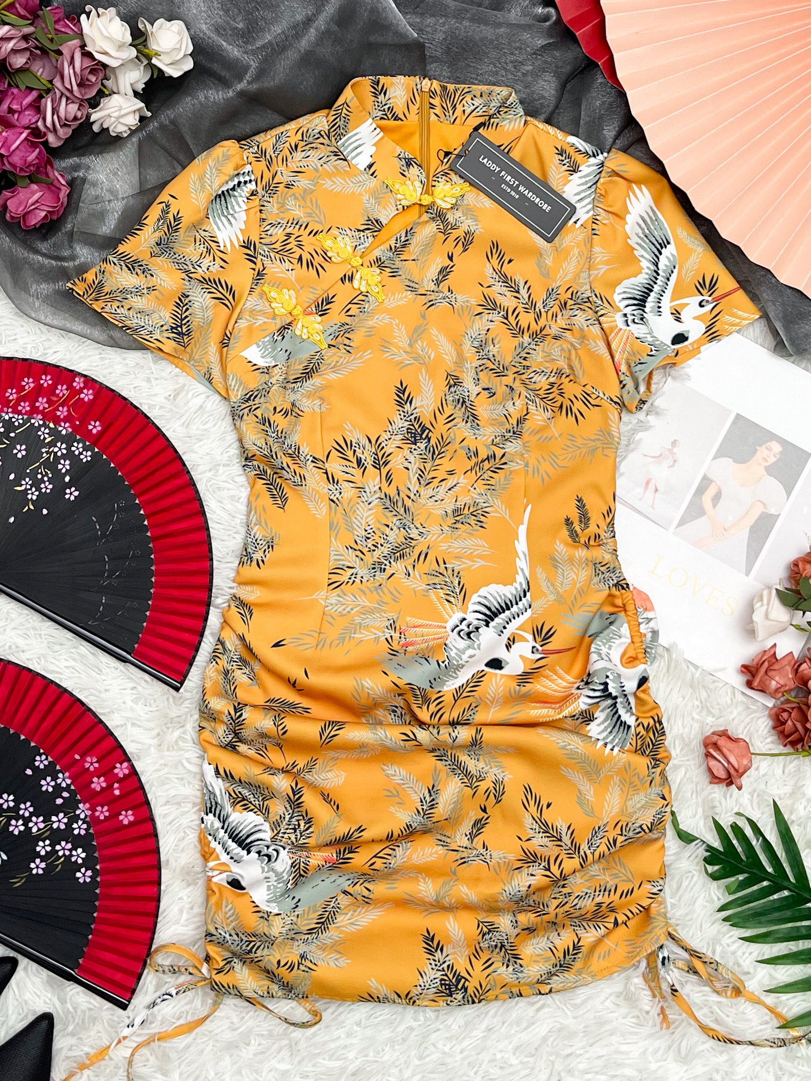 【D6336】复古印花旗袍抽绳连身裙子，内有里布 ❤️❤️