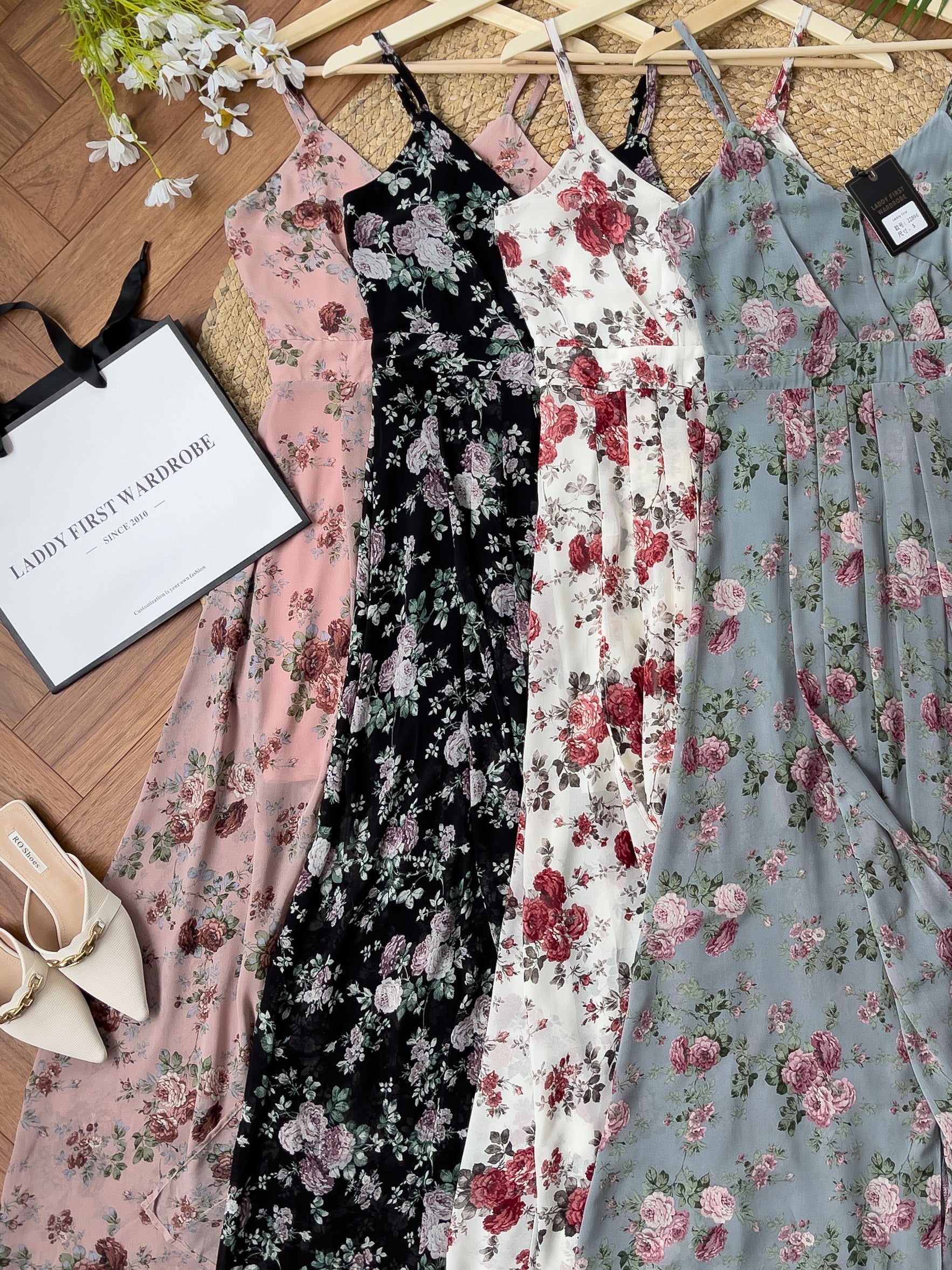 【D22894】独家爆款性感V领吊带碎花雪纺连身长裙，肩带可调节【A-R2-C6】