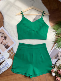 【SS14152】独家爆款两件式罗马弹力时装上衣 无袖肩带上衣，肩带可自行调节➕高腰短裤，有口袋【A-R1-C3】