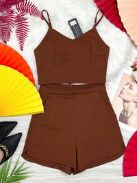 【SS14152】独家爆款两件式罗马弹力时装上衣 无袖肩带上衣，肩带可自行调节➕高腰短裤，有口袋【A-R1-C3】