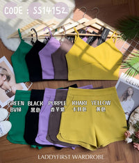 【SS14152】独家爆款两件式罗马弹力时装上衣 无袖肩带上衣，肩带可自行调节➕高腰短裤，有口袋【A-R1-C3】