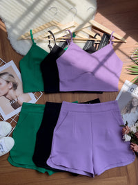 【SS14152】独家爆款两件式罗马弹力时装上衣 无袖肩带上衣，肩带可自行调节➕高腰短裤，有口袋【A-R1-C3】