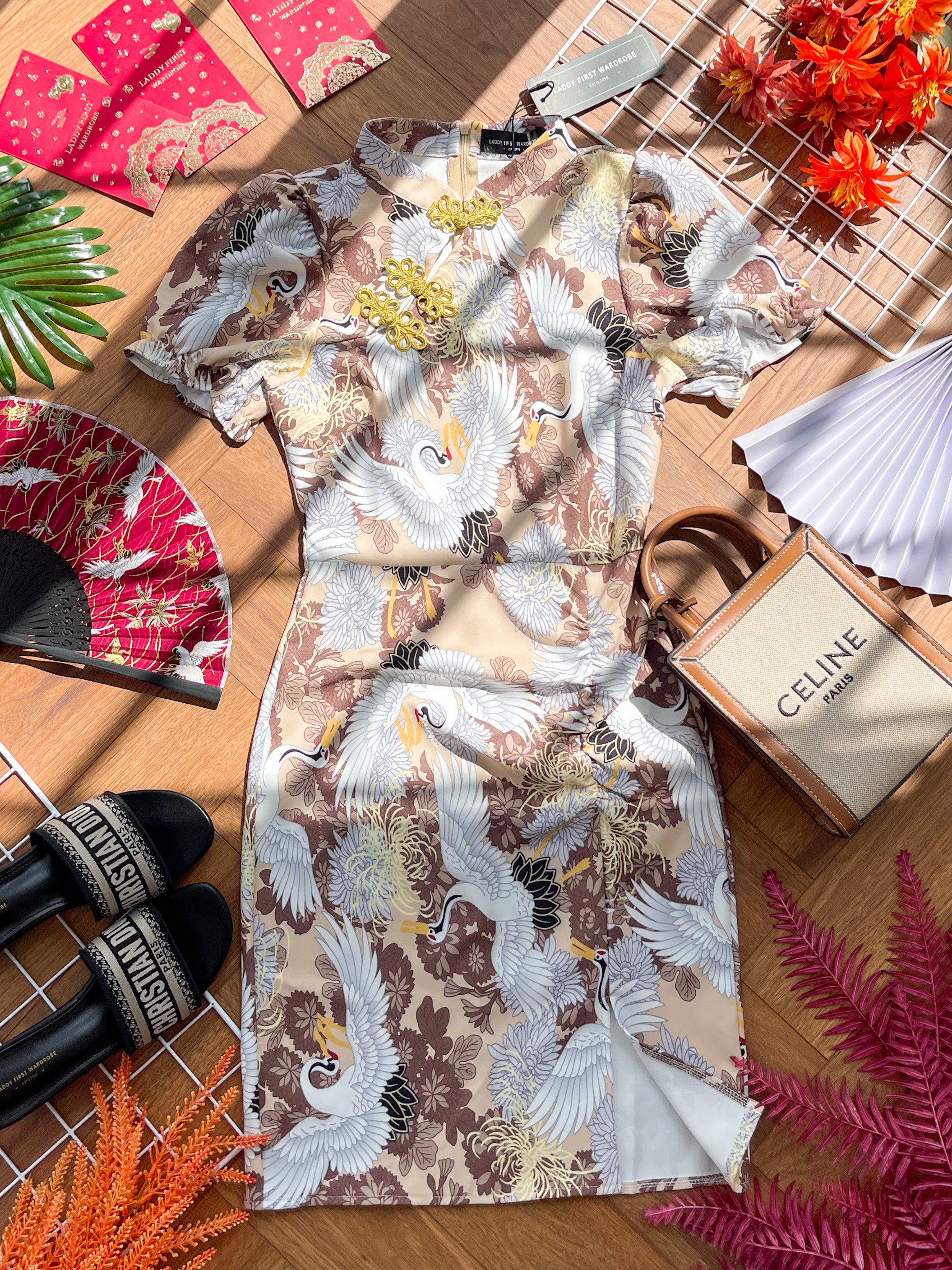 【D3313】独家爆款国潮仙鹤高端唐装旗袍连身裙子【B-R3-C2】