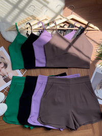 【SS14152】独家爆款两件式罗马弹力时装上衣 无袖肩带上衣，肩带可自行调节➕高腰短裤，有口袋【A-R1-C3】