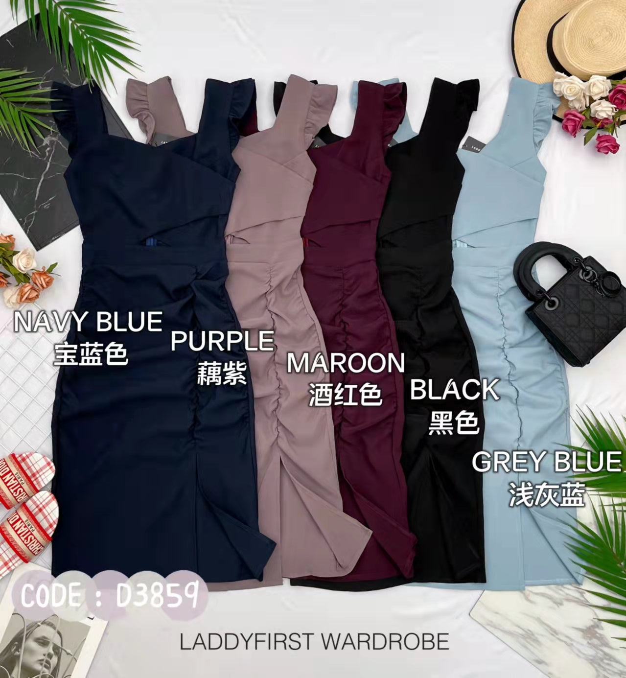 【D3859】交叉领无袖荷叶边收腰显瘦西装连身裙子