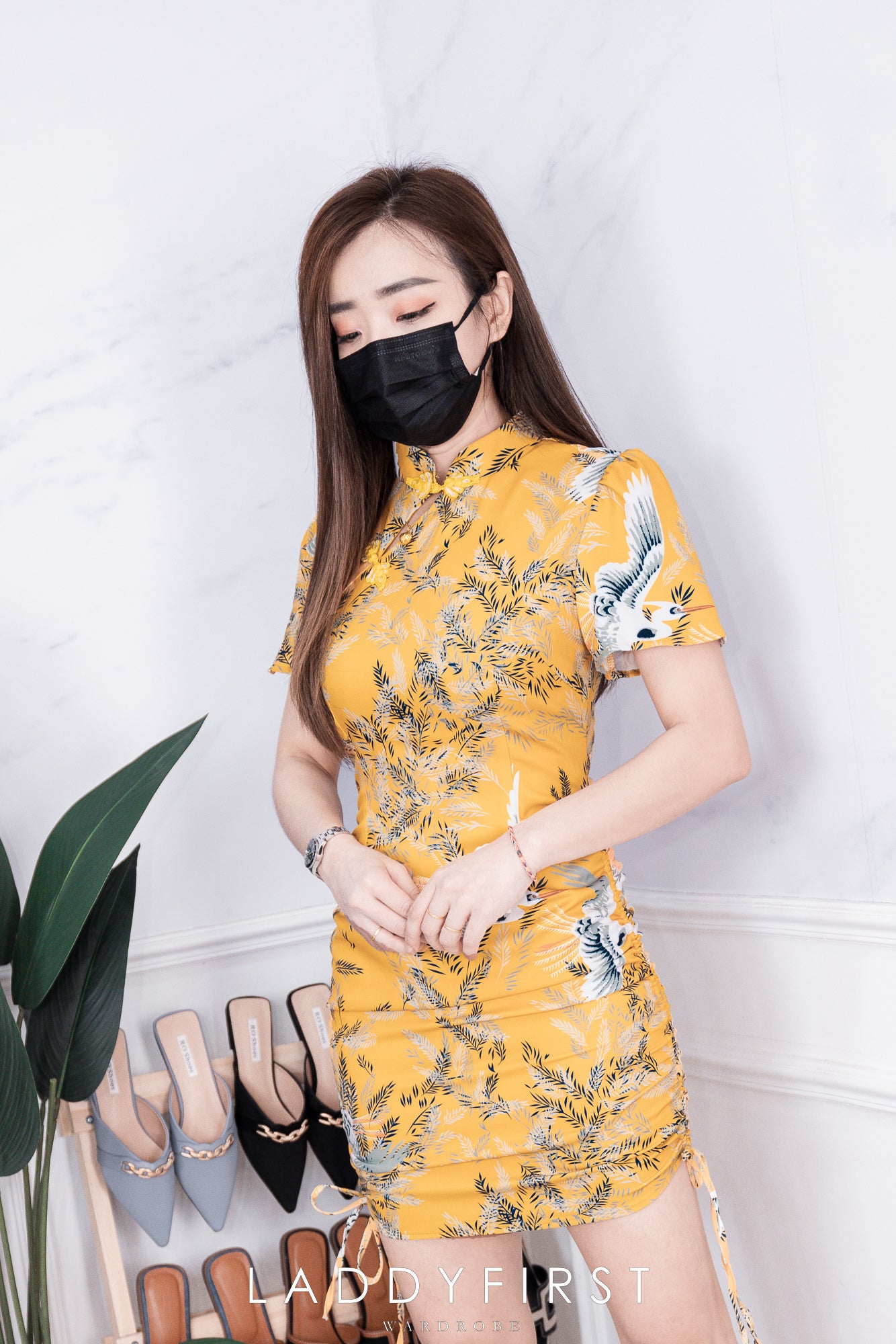 【D6336】复古印花旗袍抽绳连身裙子，内有里布 ❤️❤️