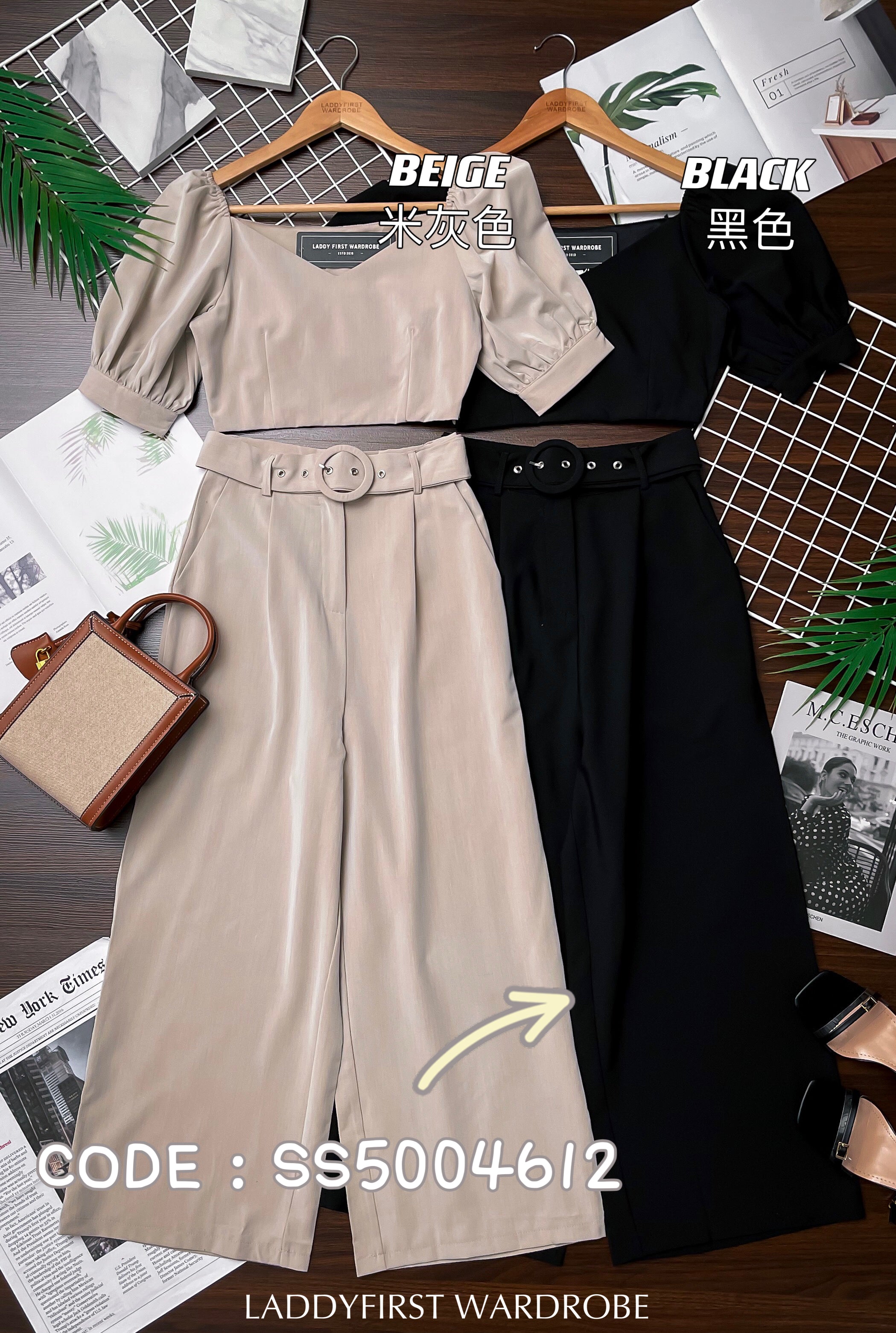 【SS5004612】两件式西装套装 , 时装上衣➕西装高腰九分裤 , 有口袋 , 搭配付送腰带