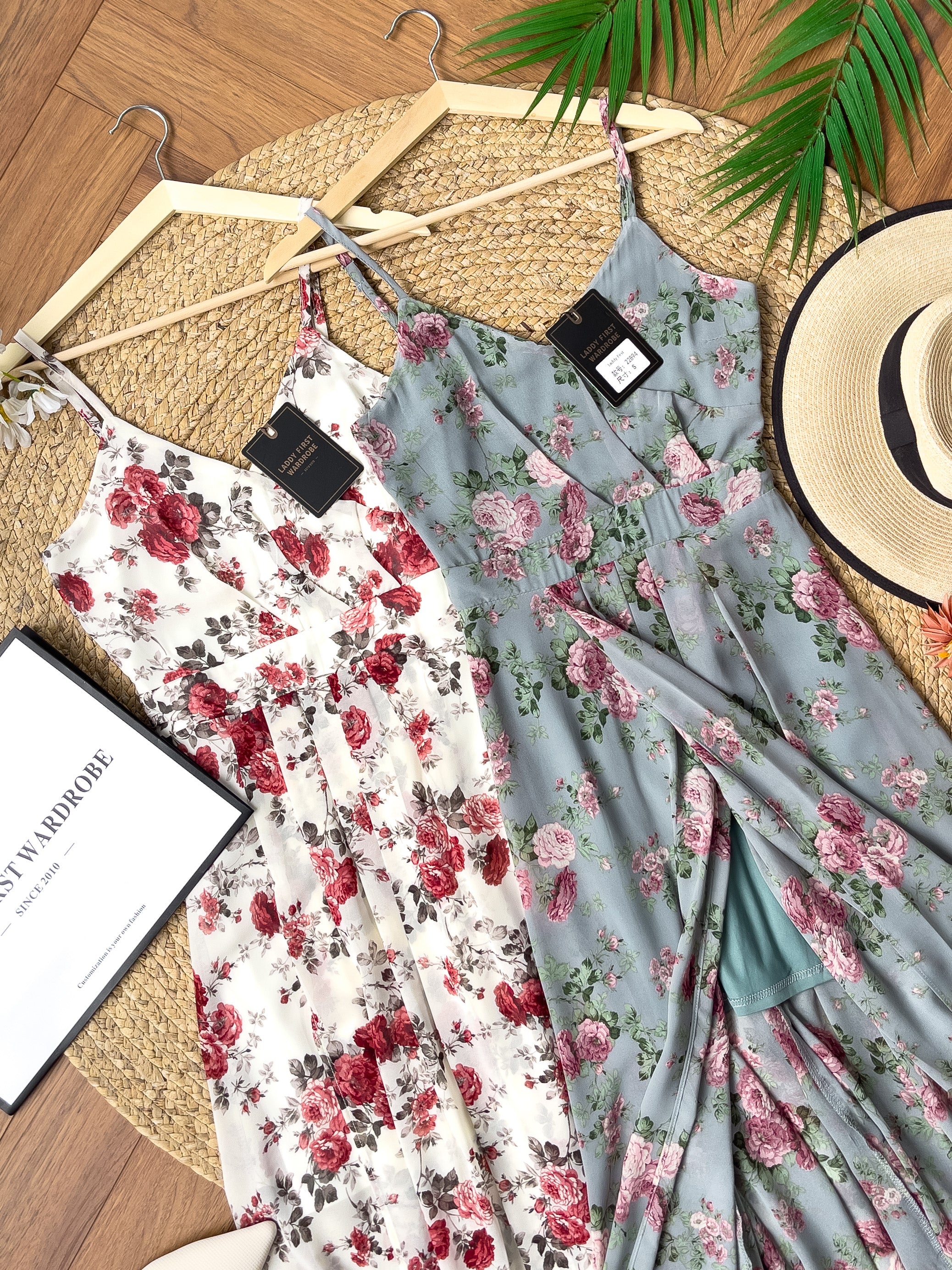 【D22894】独家爆款性感V领吊带碎花雪纺连身长裙，肩带可调节【A-R2-C6】